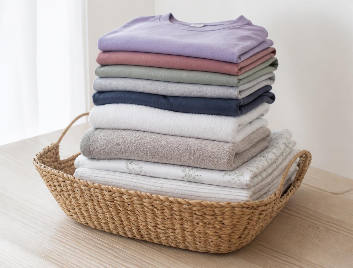 Neatly folded everyday clothing and towels in a laundry basket
