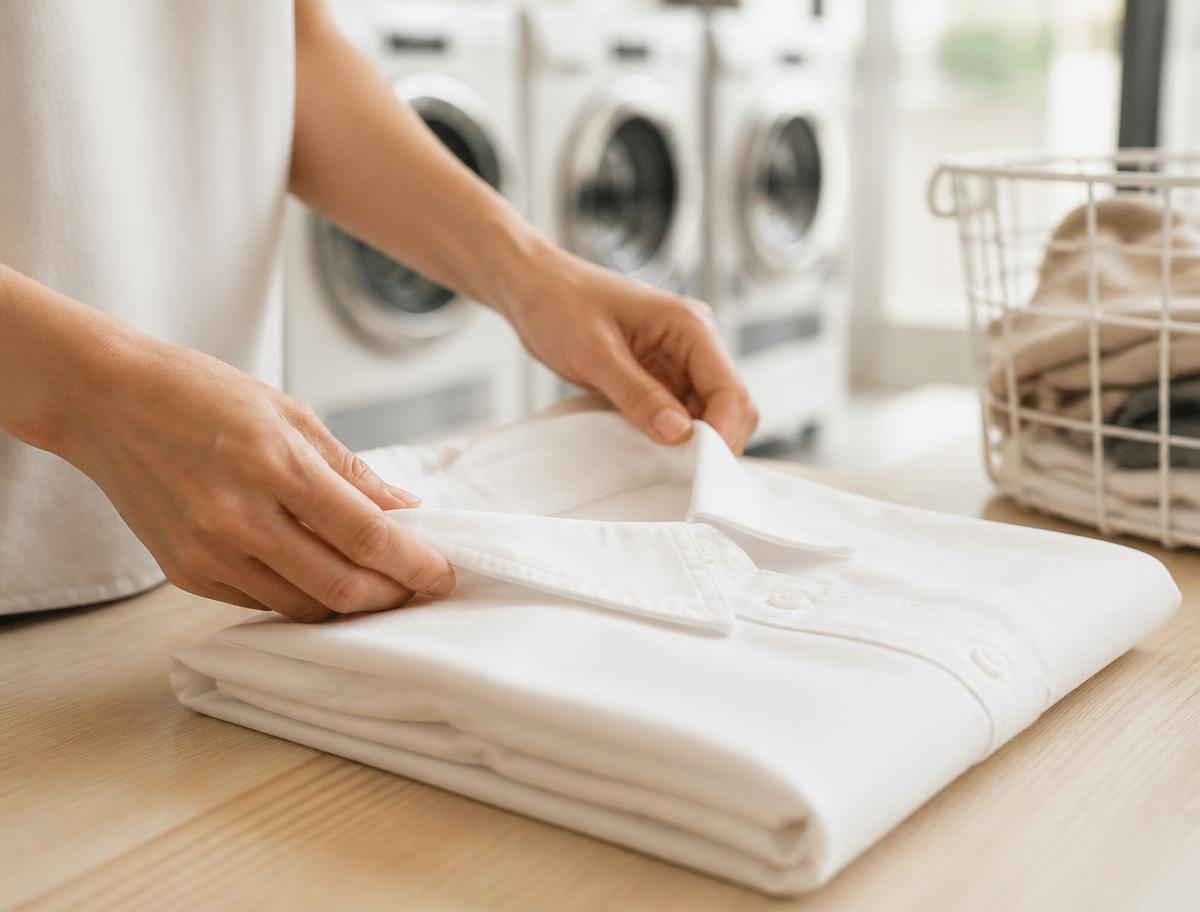 A freshly washed white shirt being folded at Coastline Laundry
