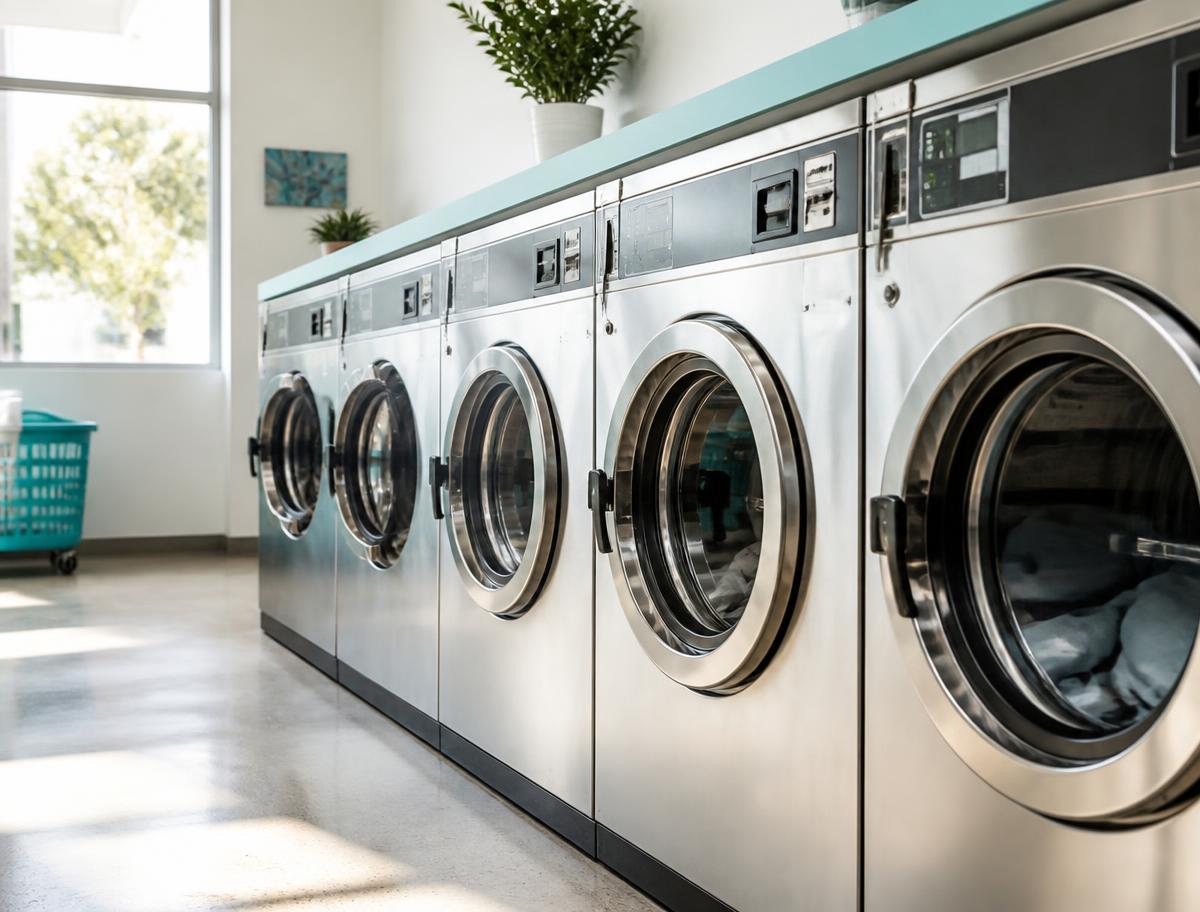 Row of modern washing machines inside the Coastline Laundry store